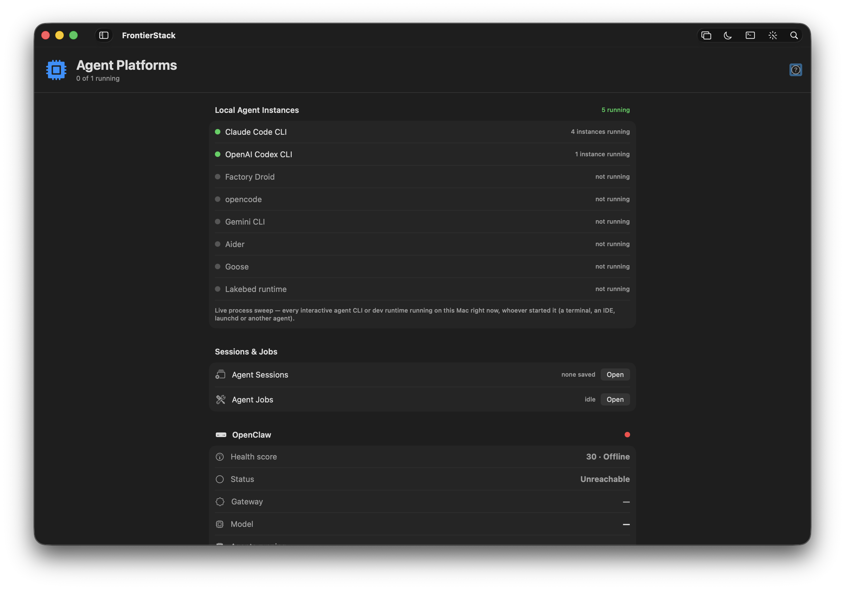 Agent Operations in dark mode: worker-host health, detected runtimes, local agent CLIs, sessions and containers.