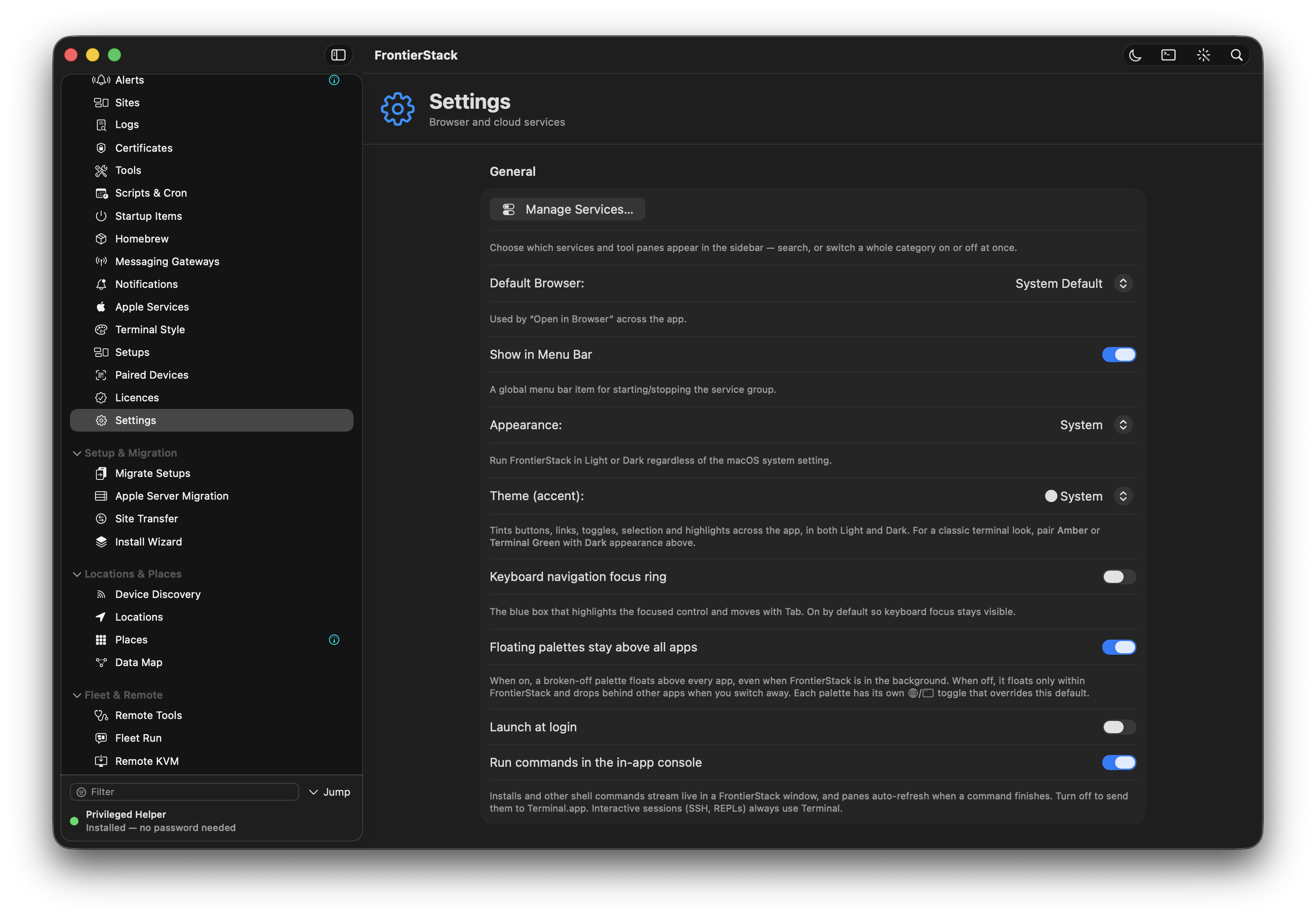 The FrontierStack main window in dark mode: the categorised service sidebar on the left, the active pane in the centre, and the toolbar across the top.