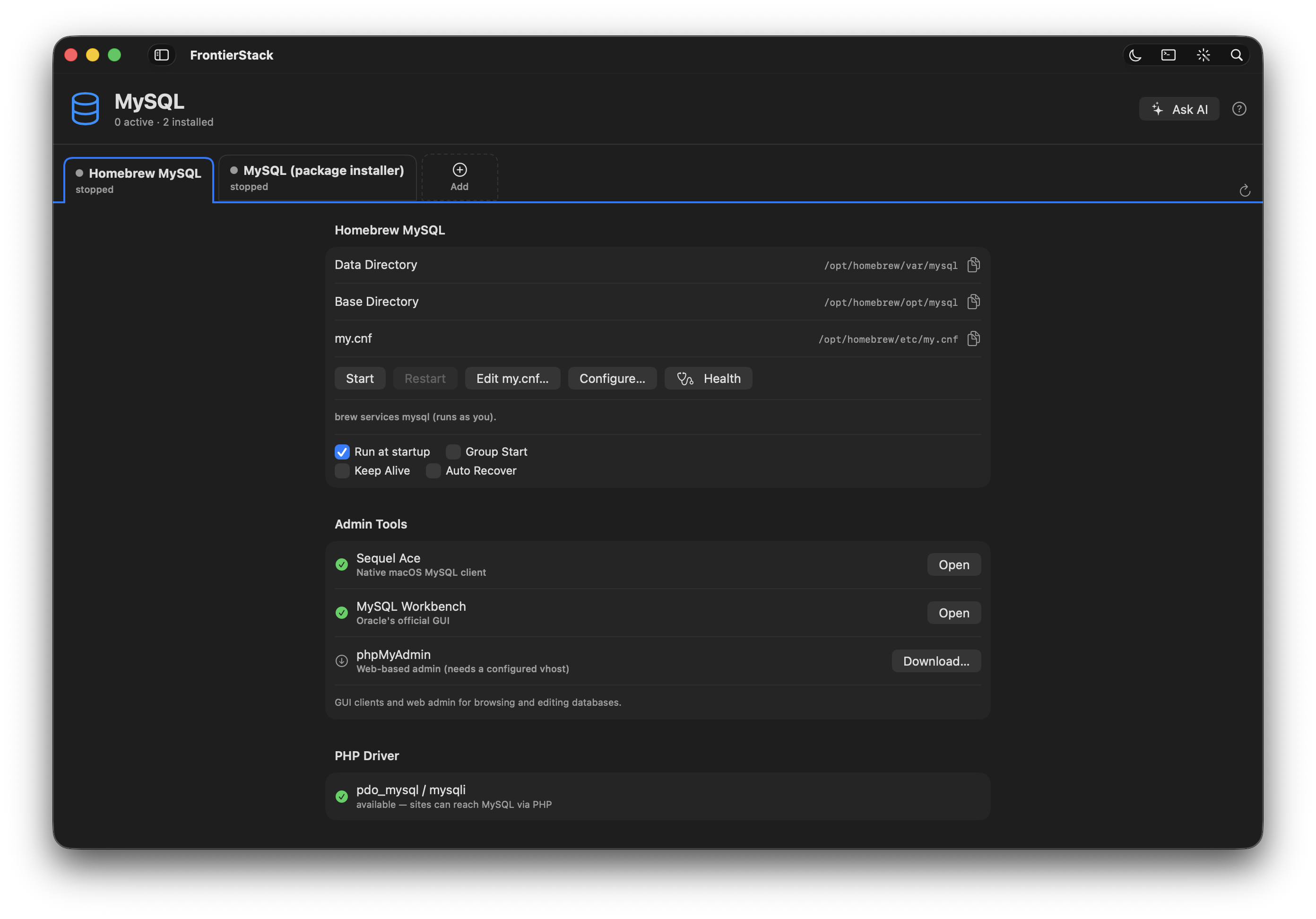 The MySQL pane in dark mode: detected installations, service controls, configuration paths, admin tools and PHP-driver status.