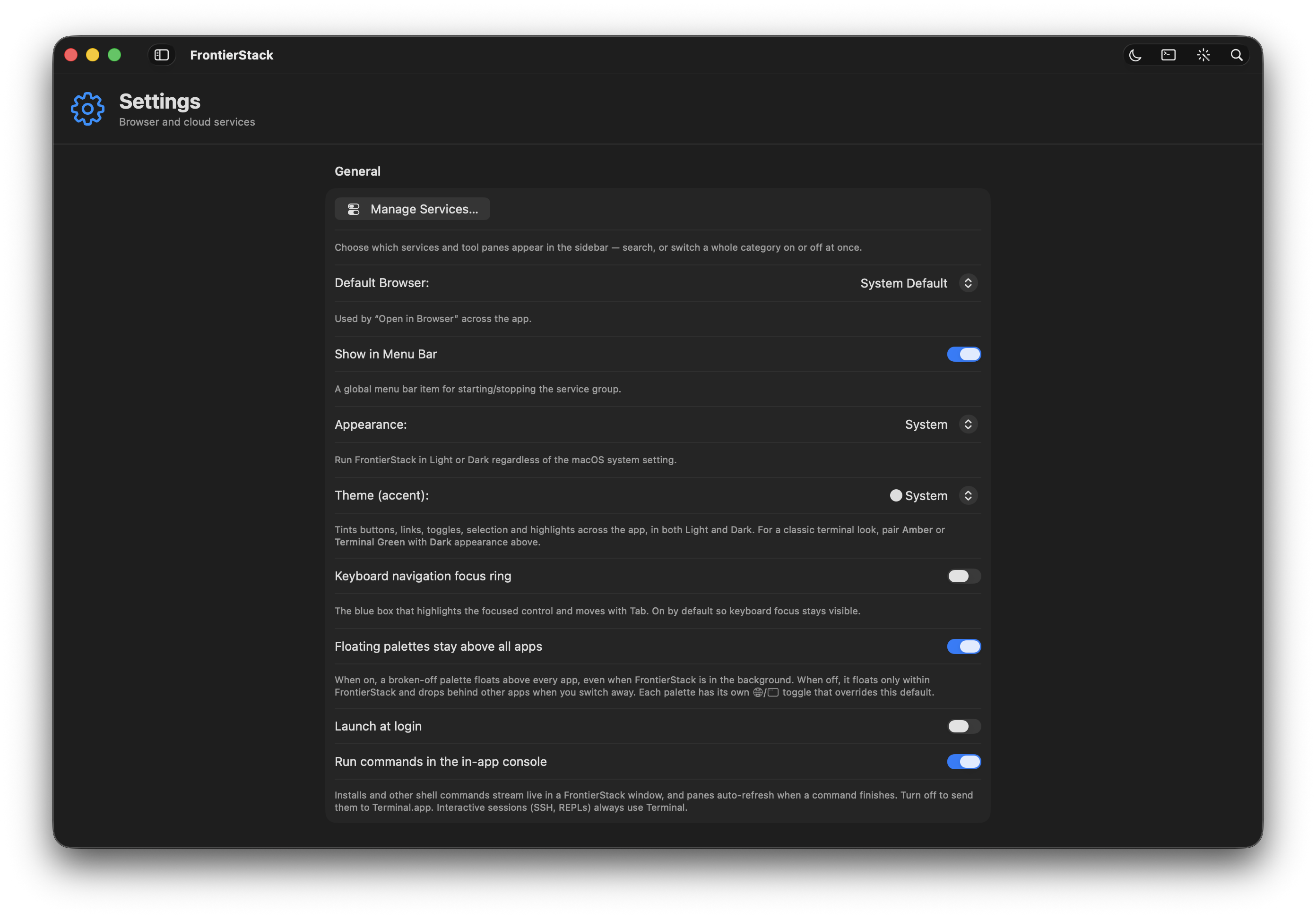 The General section of Settings in dark mode: service visibility, browser and appearance choices, menu-bar and launch behaviour, palette behaviour, and the in-app console toggle.